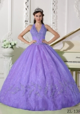 Modest Lavender Puffy Halter Appliques Quinceanera Dresses for 2014