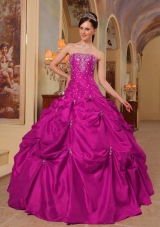 Strapless Taffeta Beading and Appliques Sweet 15 Dressesin Fuchsia