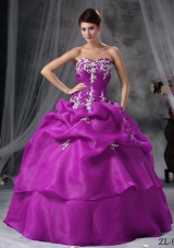 Sweetheart Organza Appliques Decorate Quinceanera Dress in Fuchsia