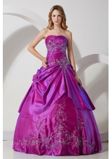 Fuchsia Strapless Taffeta Embroidery with Beading Quinceanera Dress