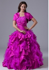 Strapless Fuchsia Beaded Decorate Bust Quinceanera Dress with Ruffles