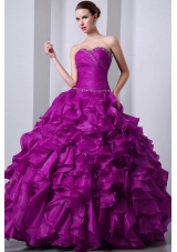 Sweetheart Organza Fuchsia Quinceanea Dress with Beading and Rufffles
