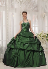 2014 Spring Dark Green Ball Gown Halter Quinceanera Dresses with Appliques