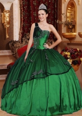 Dark Green Ball Gown One Shoulder Quinceanera Dresses with Beading Appliques