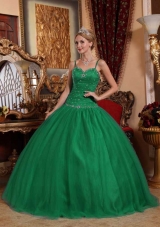 Dark Green Ball Gown Spaghetti Straps Quinceanera Dresses with Beading