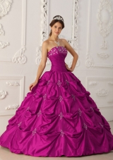 Fuchsia Strapless Taffeta Appliques and Pick-ups Quinceanera Gowns