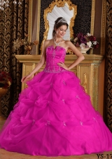 Strapless Appliques and Pick-ups Tulle Quinceanera Dress in Fuchsia