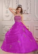 Strapless Fuchsia Organza Appliques Decorate Quinceanera Dress