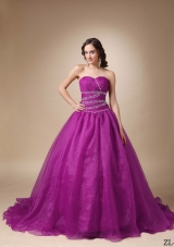 A-Line / Princess Sweetheart Chapel Train Taffeta and Organza Beading Quinceanea