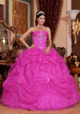 Appliques and Pick-ups Sweetheart Quinceanera Gowns in Fuchsia