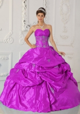 Appliques and Ruching Sweetheart Fuchsia Taffeta Sweet Sixteen Dresses