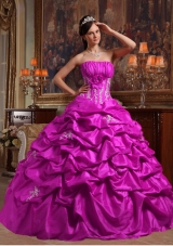 Fuchsia Strapless Appliques and Pick-ups Taffeta Dresses For a Quince