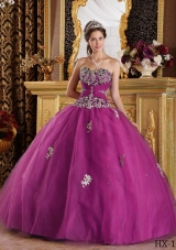 Fuchsia Sweetheart Tulle Quinceanera Gowns with White Appliques