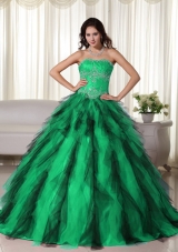Green Ball Gown Strapless Green and Black Quinceanera Dress with Taffeta Appliques