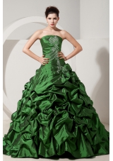 Green Princess Strapless Brush Tain Quinceanera Dresses with Taffeta Beading