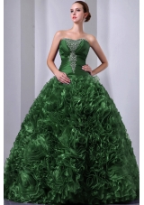 Green Princess Strapless  Organza Quinceanea Dress with Beading and Hand Made Flowers
