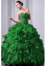 Green Princess Sweetheart Organza Quinceanea Dress with Beading and Ruffles