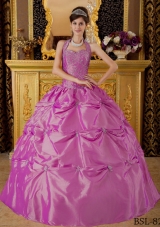 Halter Top Neck Taffeta Quinceanera Dress with Appliques and Pick-ups