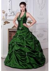 Hunter Green Princess Halter Quinceanera Dresses with Embriodery