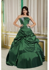 Princess Strapless Green Quinceanera Dress with Taffeta Appliques