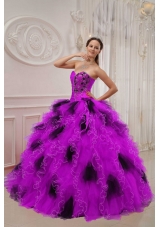Purple and Black Sweetheart Orangza Beading and Ruffles Quinceanera Gown