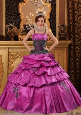 Spaghetti Straps Taffeta Appliques Quinceanera Dress in Fuchsia