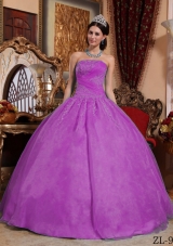 Strapless Fuchsia Organza Quinceanera Dress with Lace Appliques