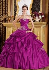 Strapless Taffeta Fuchsia Quinceanera Dress with White Appliques