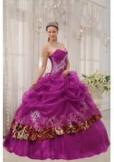 Sweetheart Organza and Leopard Fuchsia Quinceanera Dress with Appliques