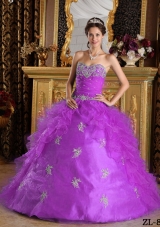 Sweetheart Organza Quinceanera Dress with White Appliques and Ruffles