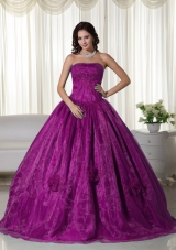 2014 Cheap Strapless Organza Beading Quinceanera Dress in Fuchsia