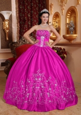 Fuchsia Strapless Embroidery All Over Skirt Quinceanera Gown