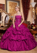 Fuchsia Strapless Taffeta Quinceanera Gown with Beading and Pick-ups