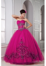 Fuchsia Sweetheart Tulle Quinceanera Dresss with Embroidery All Over Skirt