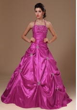 Pick-ups and Beading Halter Top A-line Fuchsia Quinceanera Dresses For Cheap
