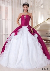Fuchsia and White Ball Gown Sweetheart Floor-length Organza and Taffeta Beading Quinceanera Dress