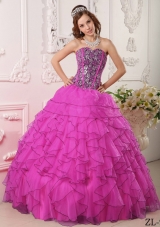 Fuchsia Ball Gown Sweetheart Floor-length Organza Beading Quinceanera Dress