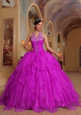 Fuchsia Halter Organza Quinceanera Dress with Appliques and Beading