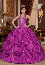 Fuchsia Halter Top Taffeta Appliques and Pick-ups Quinceanera Gowns