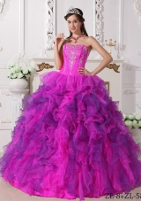 Fuchsia Sweetheart Satin and Organza Quinceanera Gown with Embroidery