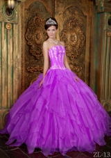 Gorgeous Strapless Appliques Organza Purple Quinceanera Dress