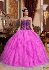 Hot Pink Ball Gown Sweetheart Floor-length Organza Embroidery with Beading Quinceanera Dress