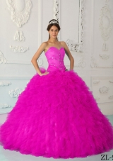 Hot Pink Ball Gown Sweetheart Floor-length Satin and Organza Beading Quinceanera Dress