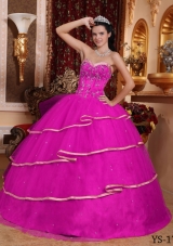 Sweetheart Satin and Tulle Beaded Decorate Bodice Quinceanera Gown