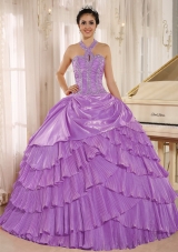 Halter Top Pleat Full Length Dresses For a Quince with Beaded Bodice