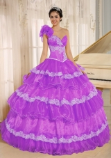 Hand Made Flowers Decorate One Shoulder Quinceanera Dress with Appliques