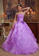 Princess Strapless Organza Lilac Quinceanera Gowns with Flowers and Appliques