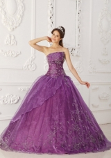 Purple Strapless Beading Quinceanera Dress with Embroidery