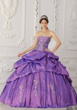 Purple Strapless Embroidery and Beading Pick-ups Quinceanera Dress