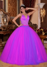 Spaghetti Straps Taffeta and Tulle Beaded Decorate Sweet 16 Dresses